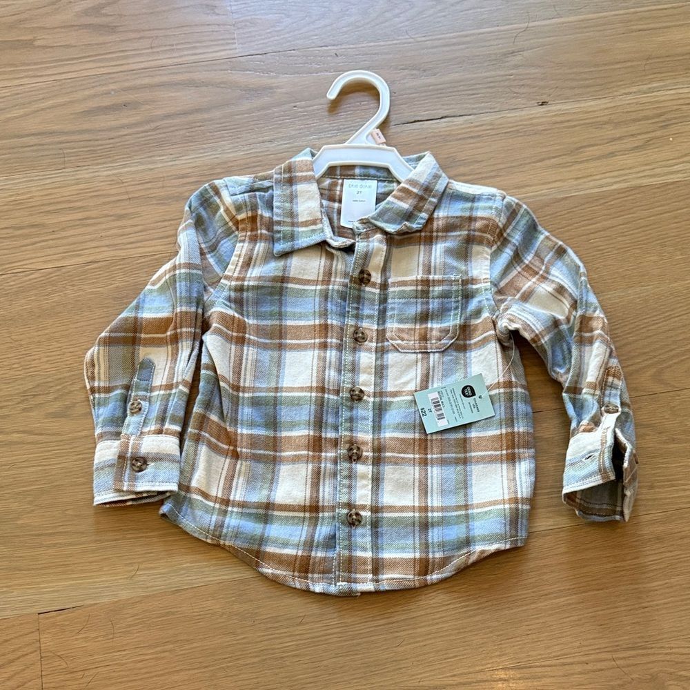 Okie Dokie Plaid Button-Down Shirt - Blue, Brown, White 2T